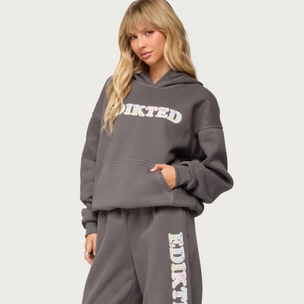 Edikted Charcoal Gray Oversized Hoodie with Iridescent Logo